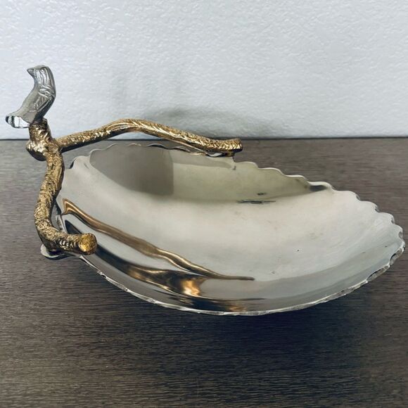 Metallic Silver Gold Bird Tree Branch Serving Bowl Dish - Picture 2 of 8